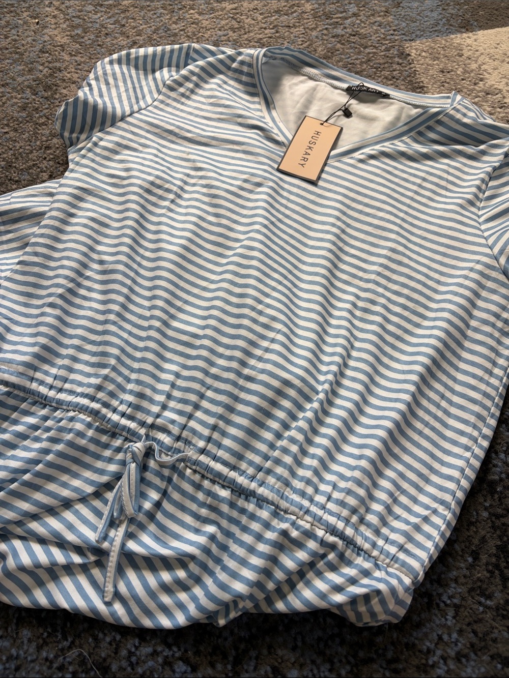 Huskary Light Blue & White Striped Drawstring Top